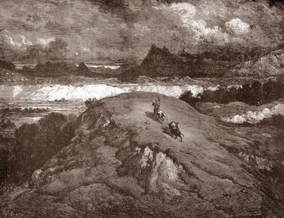 Don Quijote und Sancho Panza nähern sich der Sierra Morena. Gravur von Gustave Doré für „Der sinnreiche Junker Don Quijote von der Mancha“ von Miguel de Cervantes, 1863 von Gustave Dore