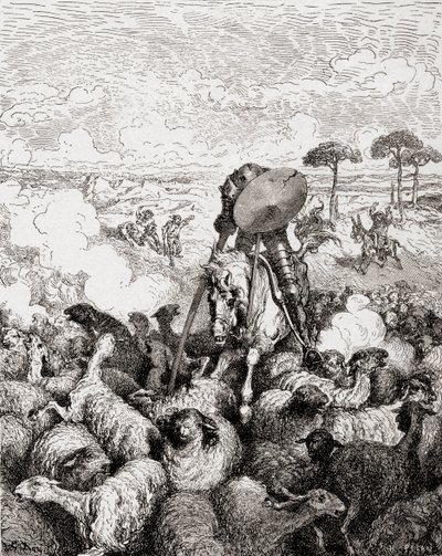 Don Quijote kämpft gegen die Schafherde, aus Die Gartenlaube, veröffentlicht 1905 von Gustave Dore