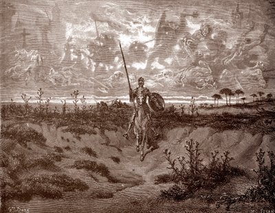 Don Quijote bricht zu seinen Abenteuern auf, Gravur von Gustave Doré für „L