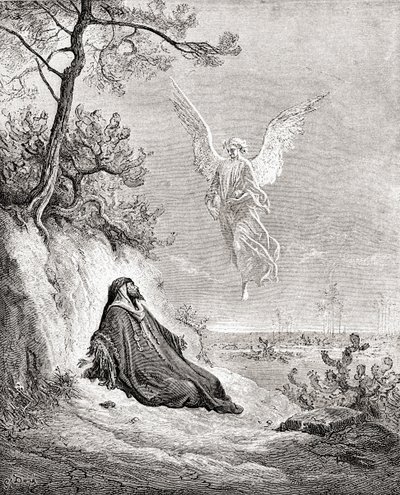 Elia wird von einem Engel genährt (nach einem Werk aus der Bibel von Gustave Doré, aus Leben und Erinnerungen von Gustave Doré, veröffentlicht 1885) von Gustave Dore