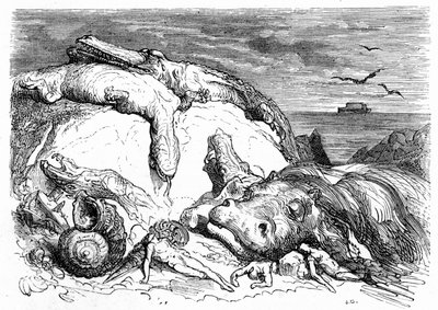 Stich von Gustave Doré um 1850: Evokation einer apokalyptischen Sintflut, die biblische Tradition (man sieht in der Ferne die Arche Noah auf dem Meer) und den Beginn wissenschaftlicher Erkenntnisse kombiniert (verschiedene monströse Tiere sind auf dem Berg von Gustave Dore