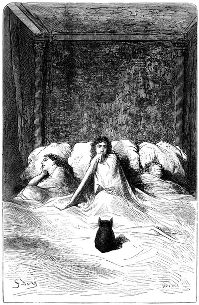 Illustration von Gustave Doré zum Roman von Théophile Gautier „Der Kapitän Fracasse“. Charpentier-Ausgabe 1863. Im Wohnsitz des Barons von Sigognac, dem „Schloss der Misere“, fand eine Truppe von Komödianten Zuflucht. Drei Schauspielerinnen schliefen in e von Gustave Dore