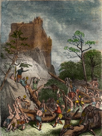 Feudalismus im Mittelalter: Leibeigene arbeiten für den Herrn - Gravur von Gustave Doré aus dem 19. Jahrhundert in „National History illustrated of France from the most ancient times to the present day“ 1876 - Private Sammlung von Gustave Dore