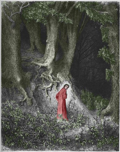 Erster Gesang der Hölle: Der Dichter Dante befindet sich in einem Wald. Illustration von Gustave Doré von Gustave Dore
