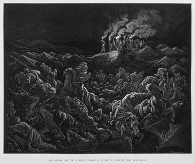 Gideon greift die Midianiter nachts an, Illustration aus der Dore-Bibel von Gustave Dore