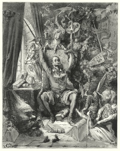 Gustave Dorés Don Quixote: "Eine Welt voller ungeordneter Vorstellungen, aus seinen Büchern herausgepickt, drängte sich in seine Fantasie" (Stich) von Gustave Dore