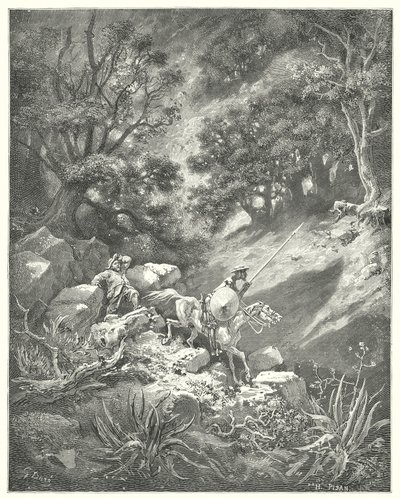 Gustave Dorés Don Quixote: "Aber bitte, Herr," sagte Sancho, "ist es ein gutes Gesetz der Ritterschaft, das besagt, dass wir in dieser felsigen Wildnis über Büsche und Dornen wandern sollen?" von Gustave Dore