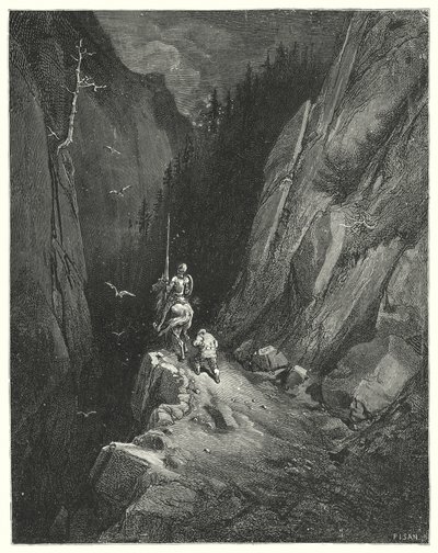 Gustave Dorés Don Quixote: "Don Quixote war vor Freude außer sich, sich an einem Ort zu befinden, wo er seine Ambitionen mit der Hoffnung auf neue Abenteuer schmeicheln konnte" von Gustave Dore