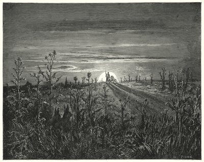 Gustave Dorés Don Quixote: "Freund Sancho," sagte Don Quixote, "ich finde, die herannahende Nacht wird uns einholen, bevor wir Toboso erreichen können" von Gustave Dore