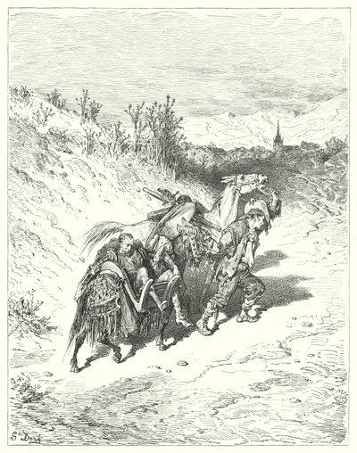 Gustave Dorés Don Quixote: "Er führte sie alle ins Dorf und ging selbst zu Fuß, sehr nachdenklich" von Gustave Dore