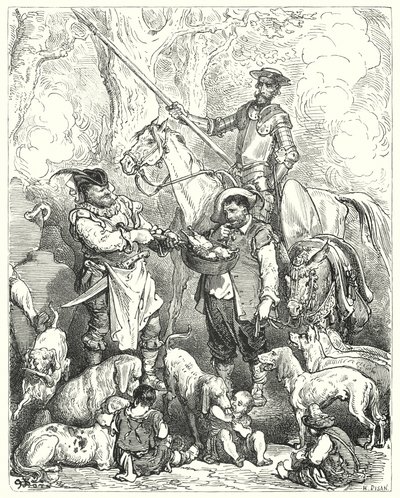 Gustave Dorés Don Quixote: "Versuche, deinen Magen damit zu beruhigen, bis das Abendessen fertig ist" von Gustave Dore