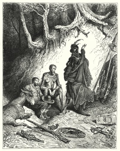 Gustave Dorés Don Quixote: "Die Knappen ließen Don Quixote, Roque und Sancho zurück, um auf ihre Rückkehr zu warten" von Gustave Dore