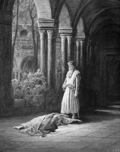 Er hielt an: Die Königin schleppte sich etwas zu ihm hin, sie legte ihre Hände um die Füße ihres Mannes (Junièvre und König Artus) - in 