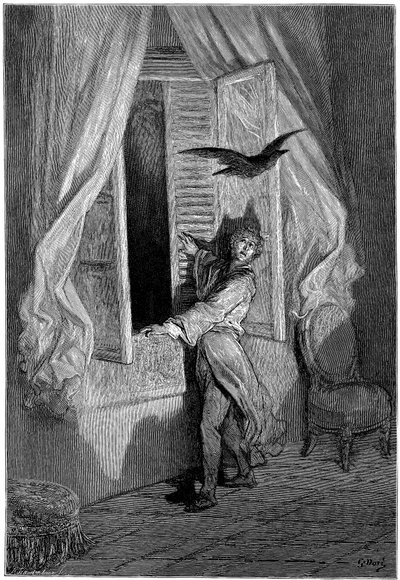 Illustration von Gustave Dore (1832-1883) für Edgar Allan Poes Kurzgeschichte „Der Rabe“. Diese Serie wurde von Dore 1883, dem Jahr seines Todes, abgeschlossen und ist daher eines seiner neuesten Werke. von Gustave Dore