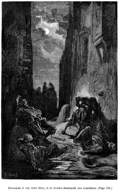 Illustration von Gustave Doré für Théophile Gautiers Roman „Le Capitaine Fracasse“ - Edition Charpentier 1883, praktisch identisch mit der ersten Ausgabe, die 1866 vom selben Verlag illustriert wurde. Kapitel „Schwert, Schlagen und andere Abenteuer“ von Gustave Dore