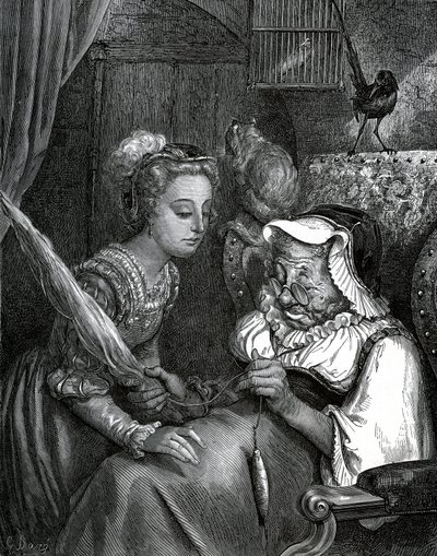 Illustration von Gustave Doré für ein Märchen von Charles Perrault: Dornröschen. Die Prinzessin wird sich an der Spindel einer alten Frau stechen. von Gustave Dore