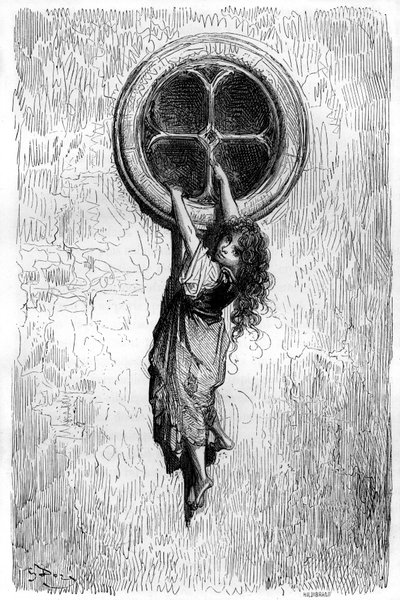 Illustration von Gustave Doré für den Roman „Le Capitaine Fracasse“ von Théophile Gautier (1811-1872). Geschickt wie eine Katze und dünn wie eine Schlange, geht die junge Chiquita durch ein Fenster, um sich der gefangenen Isabelle anzuschließen. von Gustave Dore