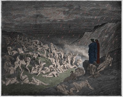 Inferno, Gesang 14: Die Gewalttätigen, gequält im Regen aus Feuer, Illustration aus 