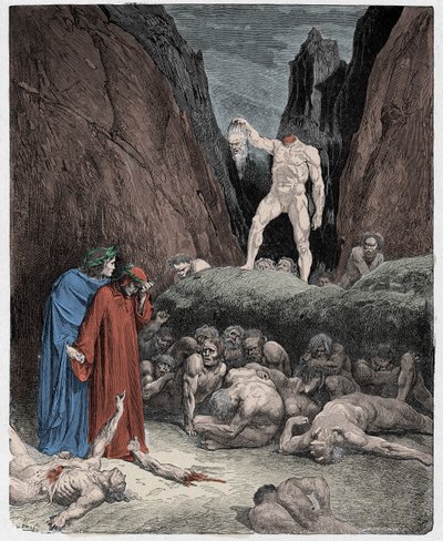 Inferno, Canto 28: Der abgetrennte Kopf von Bertran de Born spricht zu Dante, Illustration aus 