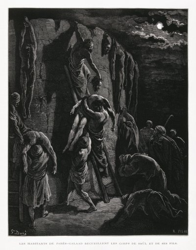 Jabesch-Gileaditen bergen die Leichen von Saul und seinen Söhnen, Illustration aus der Dore-Bibel von Gustave Dore