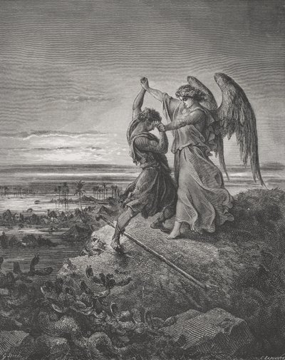 Jakob ringt mit dem Engel, Genesis 32:24-32, Illustration aus Dores 