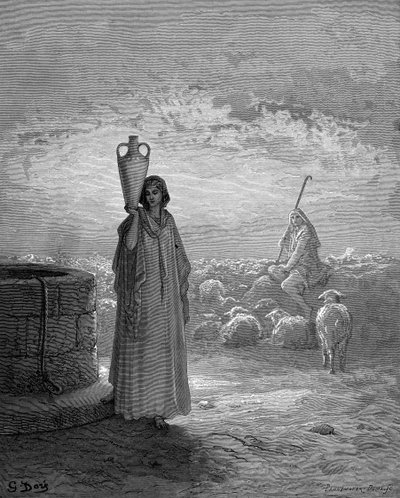 Jakob, der Labans Herden hütet, sieht Rahel am Brunnen. Genesis 29. Aus der illustrierten Bibel von Gustave Doré 1866. Holzstich von Gustave Dore
