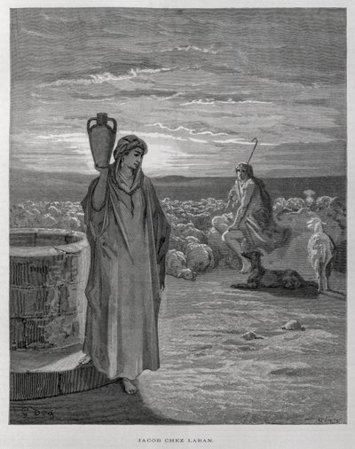 Jakob sieht Rahel am Brunnen von Labans Haus, Illustration aus der Dore-Bibel von Gustave Dore