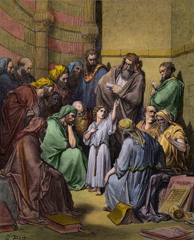 Jesus mit den Schriftgelehrten im Tempel - Jesus im Tempel unter den Schriftgelehrten - Gravur von Gustave Doré (1832-1883) - spätere Kolorierung von Gustave Dore