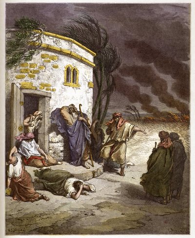 Hiob erfährt von seinem Ruin - Gravur in Die illustrierte Bibel von Gustave Doré - Gravur aus Die Doré-Bibel von Gustave Dore