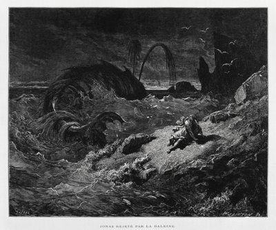 Jona wird vom Wal an Land gespuckt, Illustration aus der Dore-Bibel von Gustave Dore