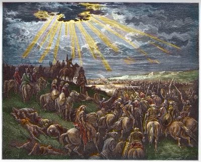 Josua befiehlt der Sonne stillzustehen - Josua stoppt die Sonne - Gravur in „Die illustrierte Bibel“ von Gustave Doré (1832-1883) - Gravur aus „Die Doré-Bibel“ von Gustave Dore