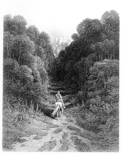 Lancelot nähert sich der Burg von Astolat, Illustration aus 