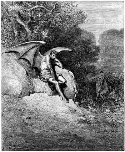 Luzifer (Satan, gefallener Engel, fiel vom Himmel zur Erde) verführt Adam und Eva. Illustration von Gustave Doré für „Das verlorene Paradies“ von John Milton (1608-1674). Gravur von 1866. Private Sammlung von Gustave Dore