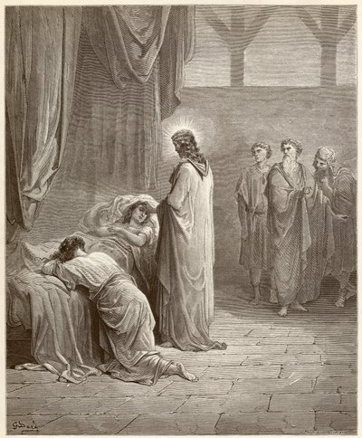 Wunder: Jesus Christus heilte die Tochter von Jaire. Gravur aus der Bibel illustriert von Gustave Dore von Gustave Dore