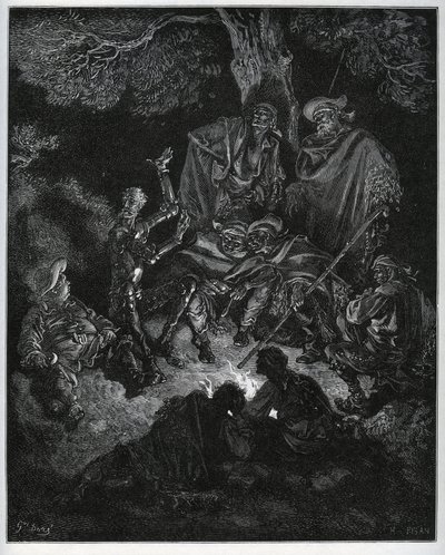 Nachtlicht, wo Don Quijote die Geschichte der Welt den Ziegen und einem Sancho Panza erzählt - aus „Don Quijote de la Mancha“ von Miguel Cervantes (1547-1616) (Don Quijote) - Holzschnitt nach einer Zeichnung von Gustave Dore. von Gustave Dore