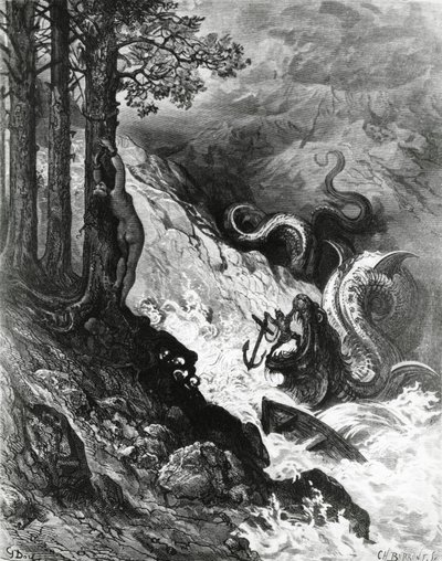 Orlando kämpft gegen den Ork, aus Der Wahnsinn des Orlando, Illustration von Gustave Dore