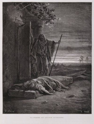 Empörung in Gibea, der Levit trägt seine tote Konkubine weg, Illustration aus der Dore-Bibel von Gustave Dore