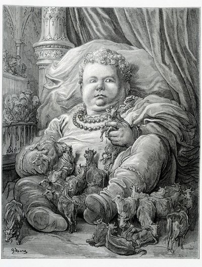 Pantagruel umgibt Kühe - in „Gargantua“ von Rabelais, ill. von Gustave Doré von Gustave Dore