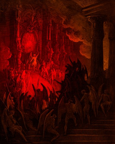 Das verlorene Paradies: Satan im Rat, Gravur von Gustave Doré von Gustave Dore