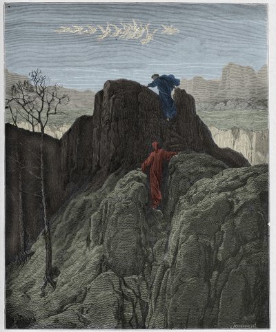 Purgatorio, Gesang 4: Virgil führt Dante den steilen Berg hinauf, Illustration aus "Die Göttliche Komödie" von Dante Alighieri, 1885 von Gustave Dore