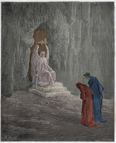 Purgatorio, Gesang 9: Dante und Virgil an den Toren des Fegefeuers, Illustration aus "Die Göttliche Komödie" von Dante Alighieri, 1885 von Gustave Dore