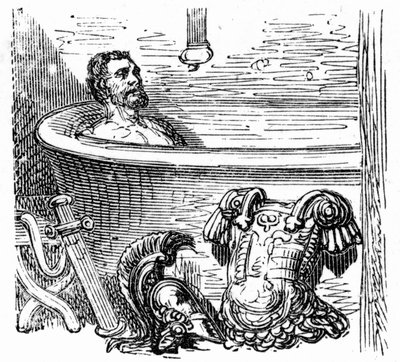 Römischer Soldat badet in den Thermalbädern von Bagnères-de-Bigorre: Gravur von Gustave Doré, die das Buch „Voyage aux Pyrénées“ von Hippolyte Taine, Hachette 1860, illustriert. von Gustave Dore