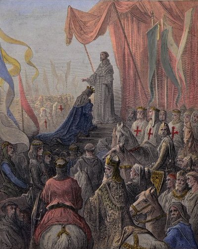 Saint Bernard de Clairvaux predigt den zweiten Kreuzzug in Anwesenheit von König Ludwig VII., Königin Alienor von Aquitanien und Abt Suger von Gustave Dore