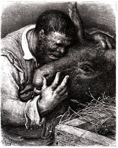 Sancho Panza weint, während er seinen Esel küsst von Gustave Dore