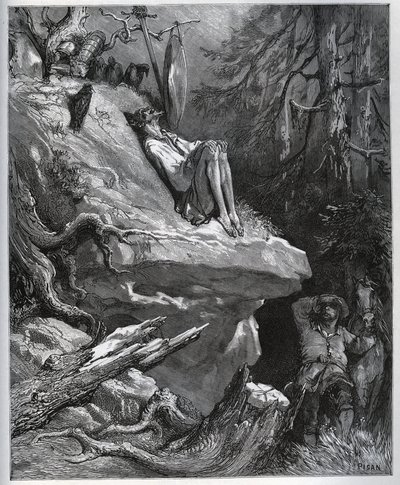 Sancho Panza findet seinen Meister, immer noch in Buße - aus „Don Quijote de la Mancha“ von Miguel Cervantes (1547-1616) - Holzschnitt nach einer Zeichnung von Gustave Doré von Gustave Dore