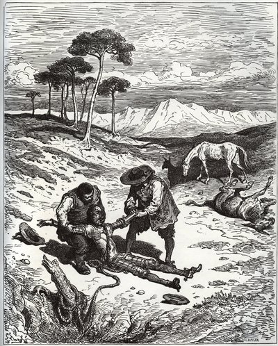 Sancho und der Cousin ziehen Don Quijote (schlafend) aus Montesinos