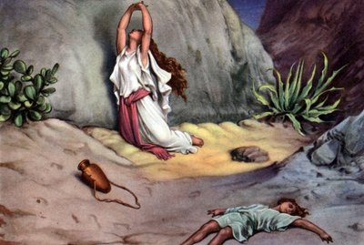 Set biblischer Lehrpostkarten aus den 50er Jahren, nach den Schönen Künsten: hier nach "Hagar und Ismael in der Wüste" von Gustave Doré von Gustave Dore
