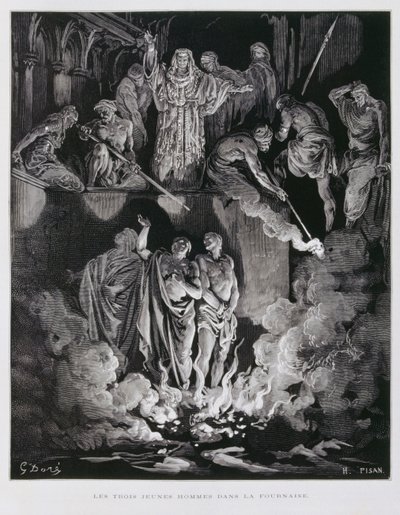 Schadrach, Meschach und Abednego im Feuerofen, Illustration aus der Dore-Bibel von Gustave Dore