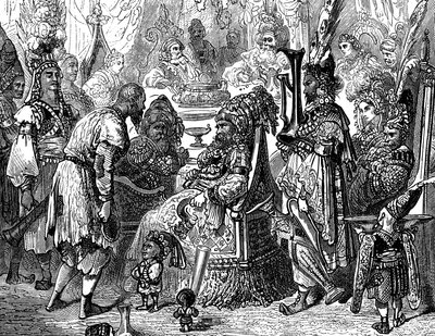 Sindbad der Seefahrer - Geschichte aus den Tausendundeiner Nacht - Illustration von Gustave Doré (Detail) - Maxwell-Ausgabe 1865 - Prolog: Ein armer Träger (Hinbad) stellt sich vor Sindbad, der alt und reich geworden ist. Letzterer wird ihm erzählen von Gustave Dore