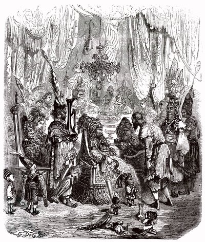 Sindbad der Seefahrer - Märchen aus Tausendundeiner Nacht - Illustration von Gustave Doré - Maxwell-Ausgabe 1865 - Prolog: Ein armer Träger (Hinbad) stellt sich vor Sindbad, der alt und reich geworden ist. Dieser erzählt ihm seine Abenteuer von Gustave Dore